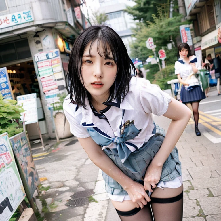 Cute junior high school girl，Wearing a JK uniform，drenched all over the body，on the roadside ，Wear white underwear，realisticlying，tmasterpiece，Realiy