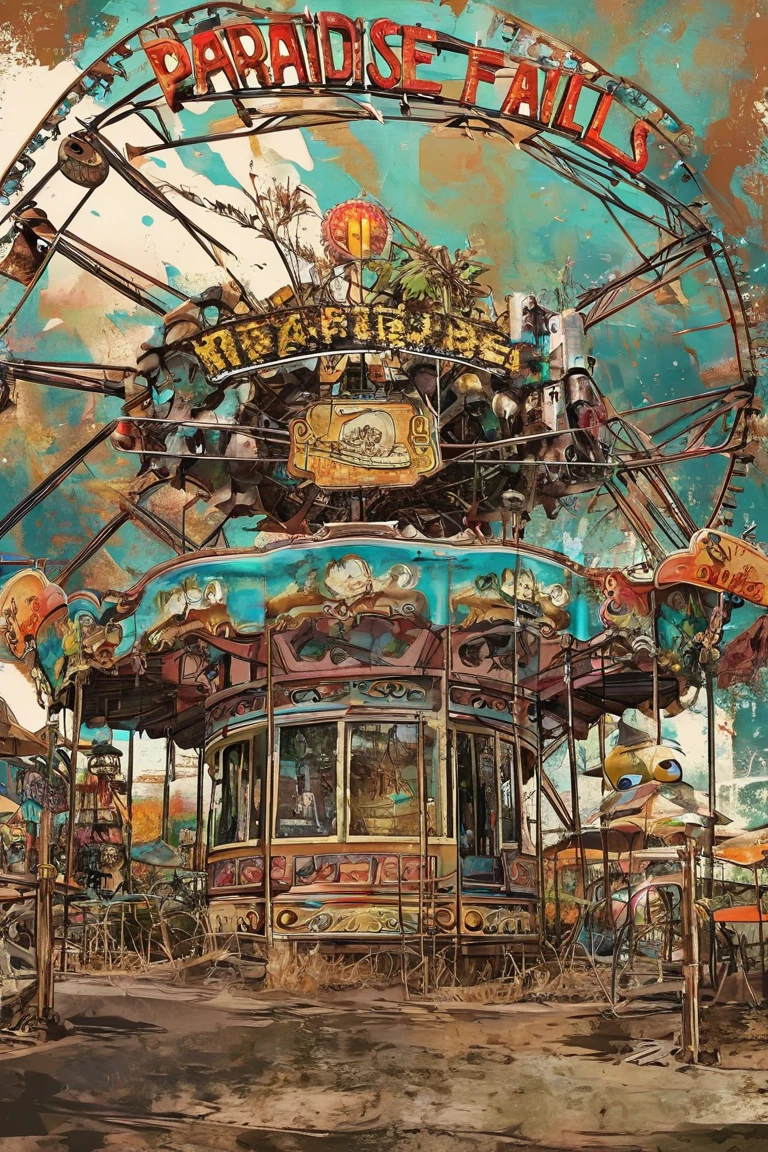 Abandoned amusement park「paradise falls」、 the world after nuclear war 、 post-apocalyptic 、 full color illustration 、rusted ferris wheel 、 merry-go-round 、「paradise falls」Signboard、 only one guide robot is still in operation、End of the World、 retro future atmosphere 