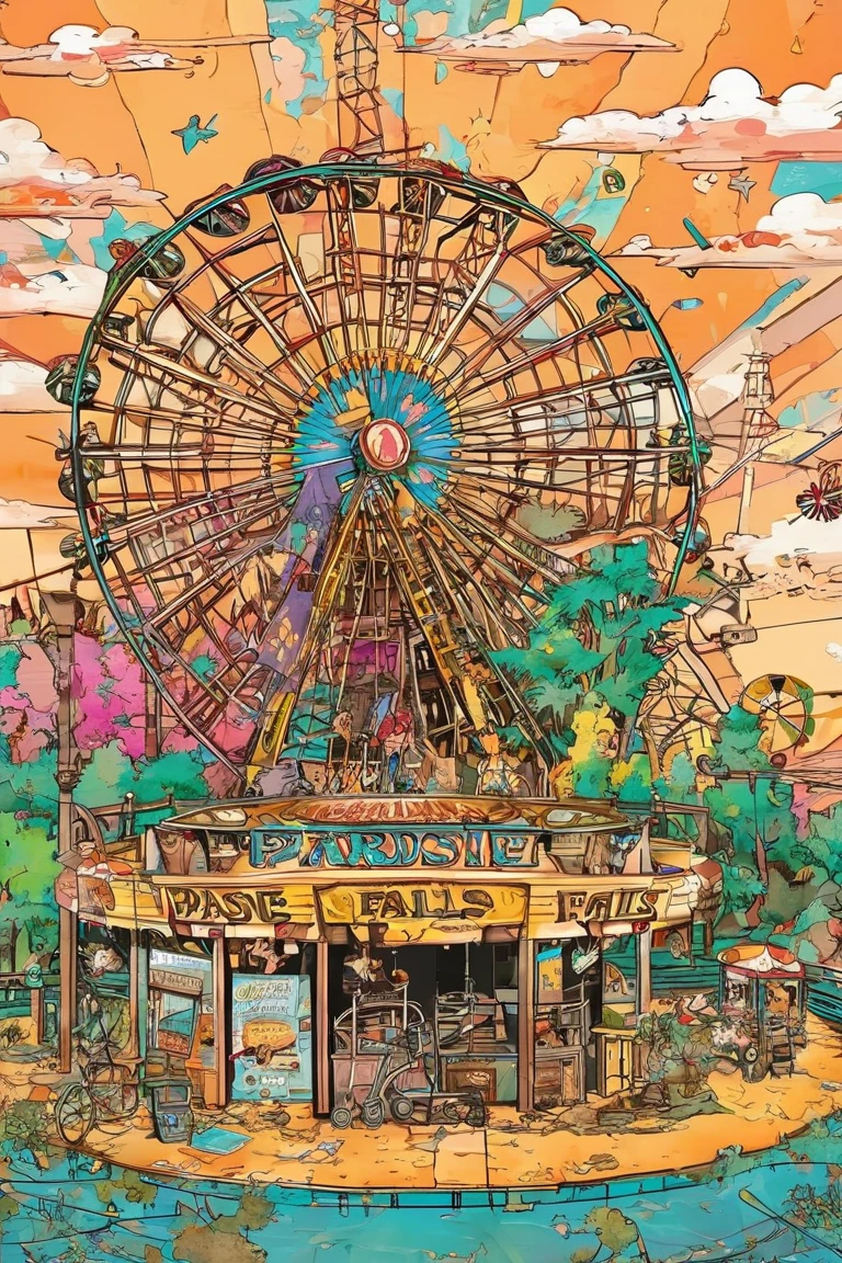 Abandoned amusement park「paradise falls」、 the world after nuclear war 、 post-apocalyptic 、 full color illustration 、rusted ferris wheel 、 merry-go-round 、「paradise falls」Signboard、 only one guide robot is still in operation、End of the World、 retro future atmosphere 