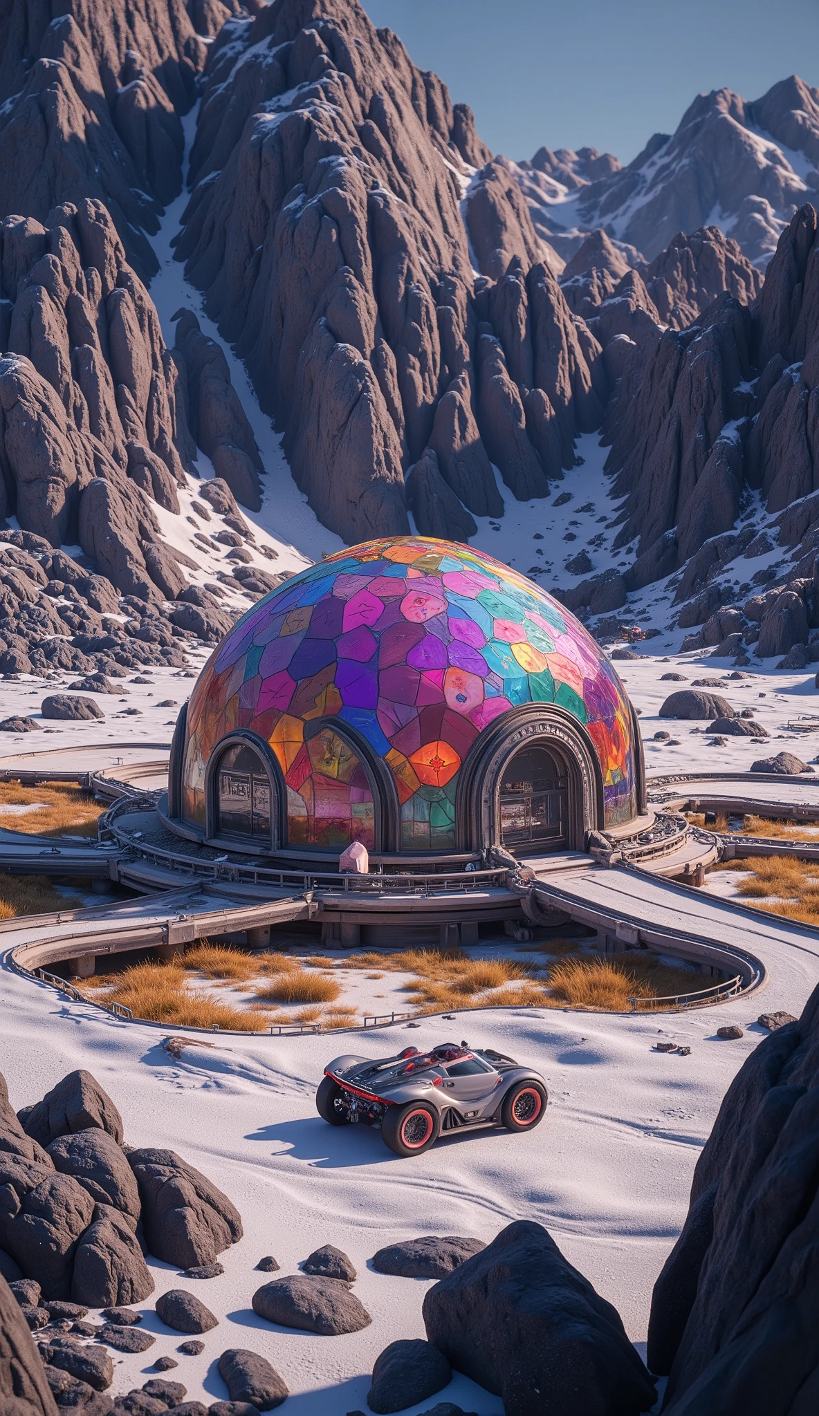 (masterpiece:1.2, best quality, ultra high resolution, Very detailed, best illustrations),8k,wallpaper,Moon base,(月面クレーターの中に建てられたMoon base:2.0),( A dome-shaped translucent barrier that looks like stained glass is connected together covers the crater:2.0),( Isometric 3D Illustration :2.0), STYLISH,( Rainbow Colors :2.0),( vibrant colors:2.0)