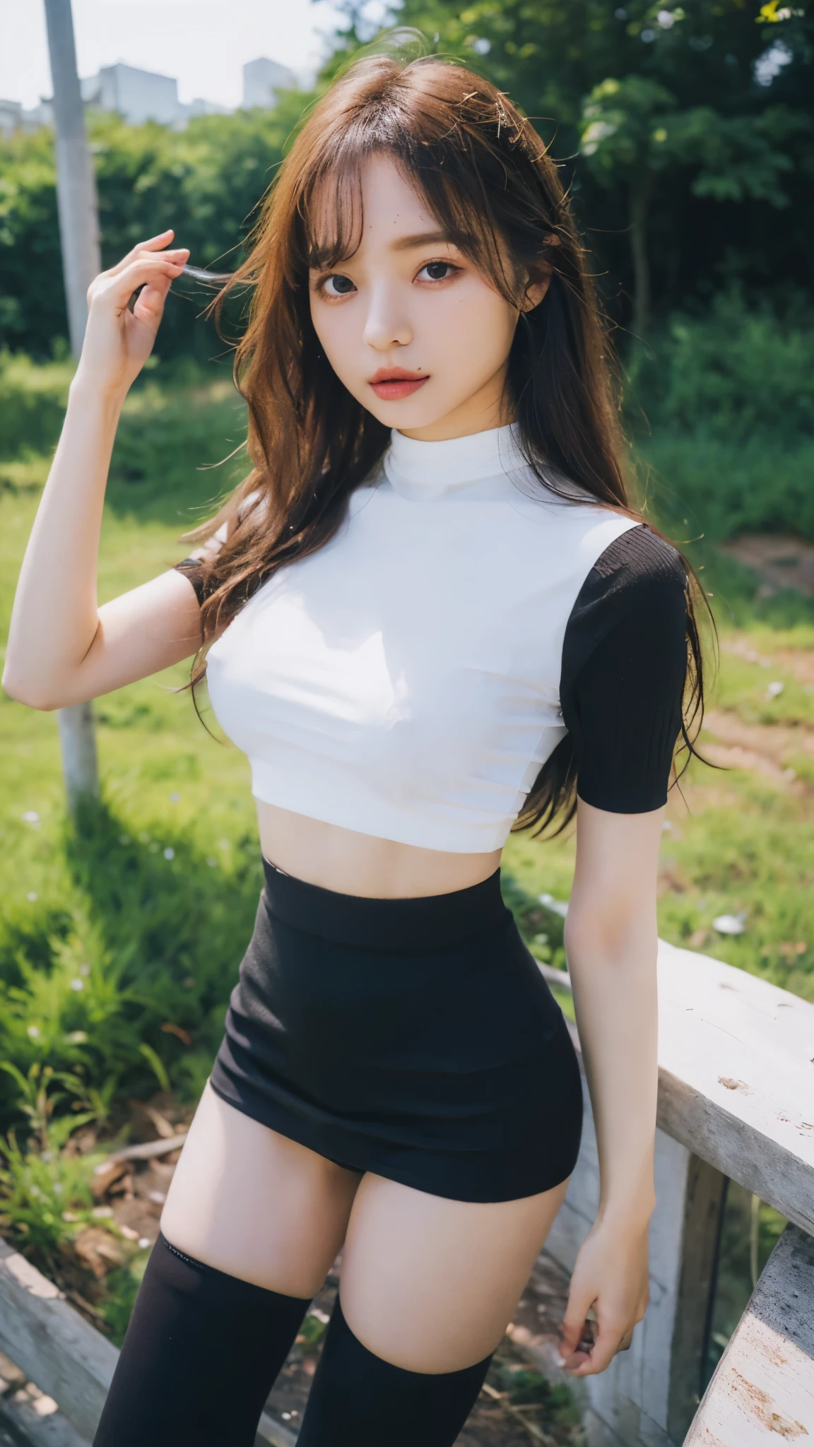 (small breasts:1.2),
(white tight crop shirt:1.1),
(black tight Mini skirt:1.1),
(covered nipples:1.05),
(puffy nipples:1.05),
(black thigh-high socks:1.05),
(black short boots:1.05),
outdoor,
master piece,
best quality,
photorealistic