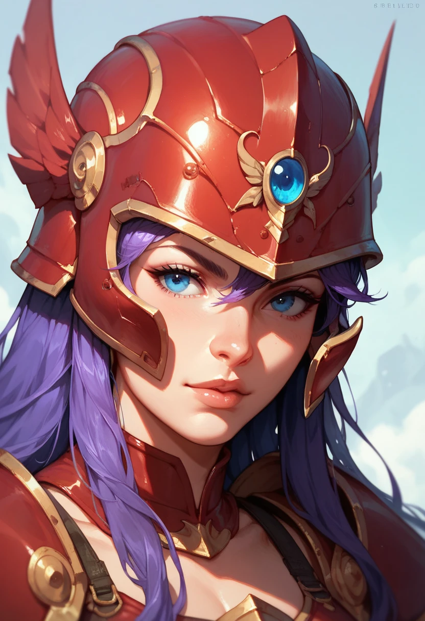 1girl, solo, soldier \(dq3\, purple hair, long hair, blue eyes, red armor, helmet