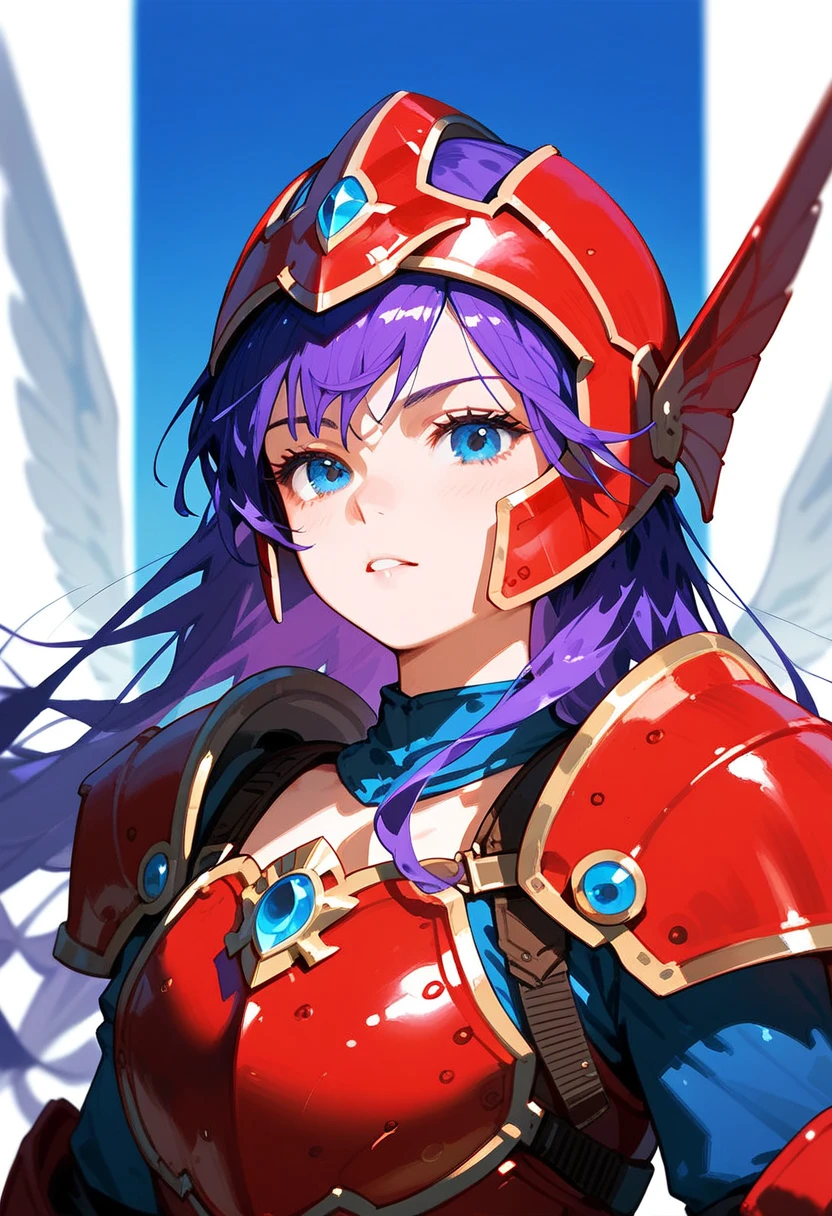 1girl, solo, soldier \(dq3\, purple hair, long hair, blue eyes, red armor, helmet