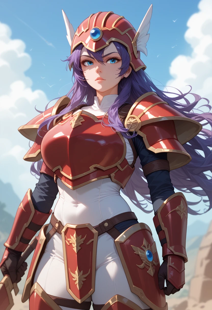 1girl, solo, soldier \(dq3\, purple hair, long hair, blue eyes, red armor, helmet