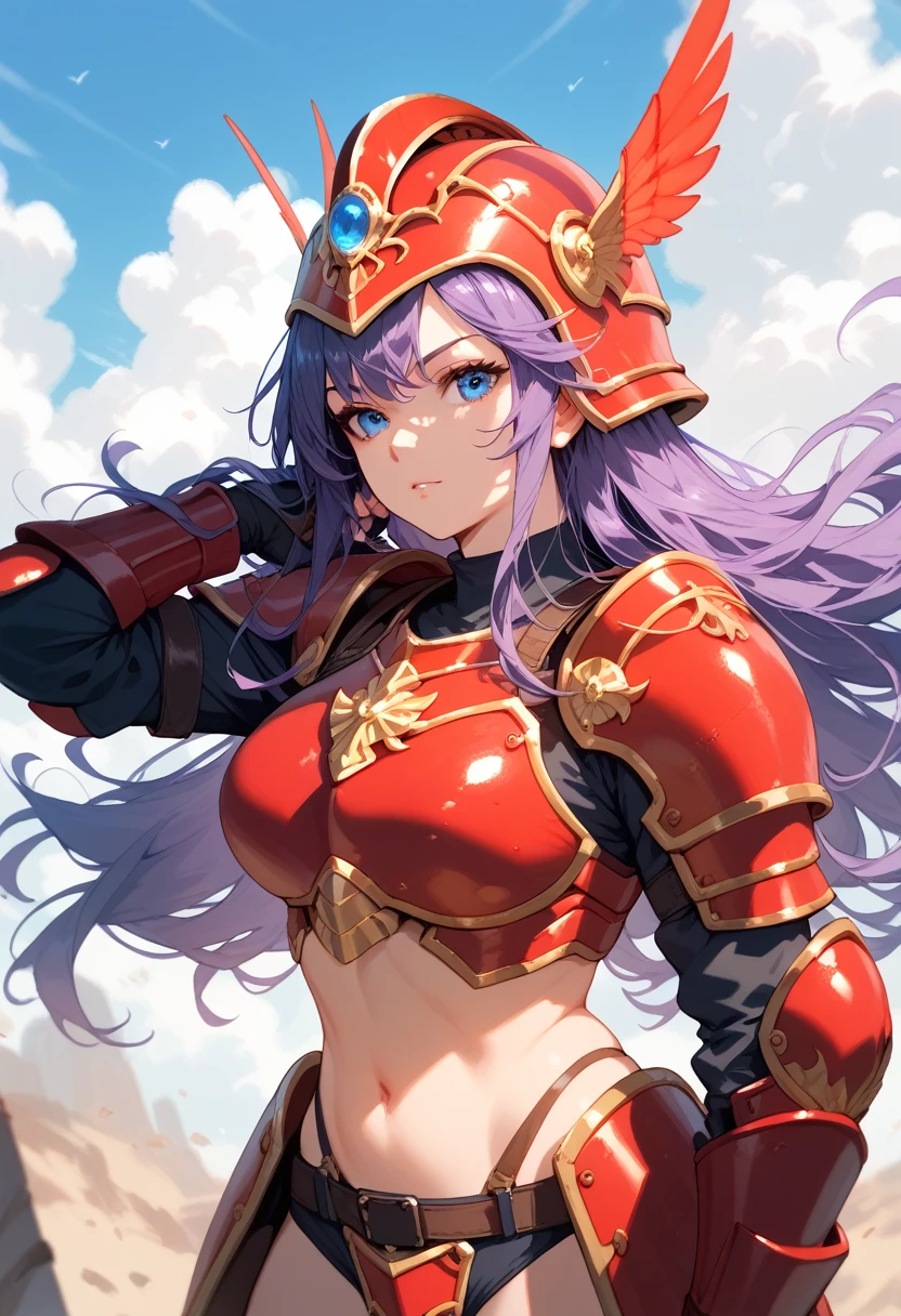 1girl, solo, soldier \(dq3\, purple hair, long hair, blue eyes, red armor, helmet