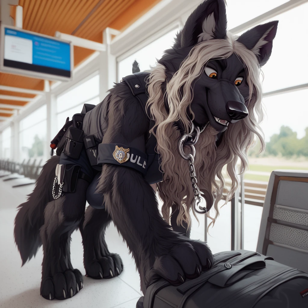  very extra long haired, anthropomorphic, adult, furry, wolf, wearing a heavy police vest,panting, transit station,anthro, black tactical uniform, chain collar, adult furry wolf, wavy hair, long slender snout, sniffing luggage, furry wolf sniffling the luggage with it's nose, high resolution, hd photo