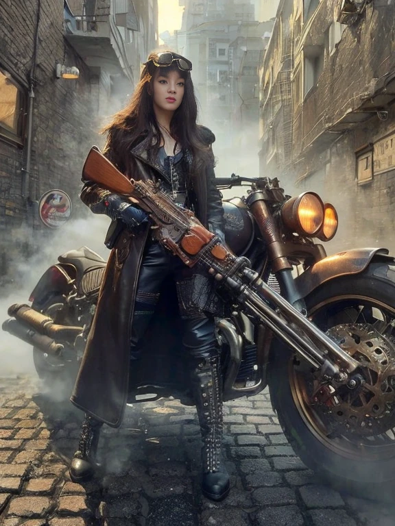 ８ｋ, Realistic skin texture 、 Surrealism 、Realistic photos、 Japanese Women 、Steampunk、Leather jacket、Nude big chest ， Next to a custom bike 、 Holding a huge rifle 、 Lightly cloudy 、Dirty city、 Buildings here and there spewing steam 、 wearing goggles 、 Street buildings decorated with intricate patterns and gear devices、Stud boots 、 Pebbles 、