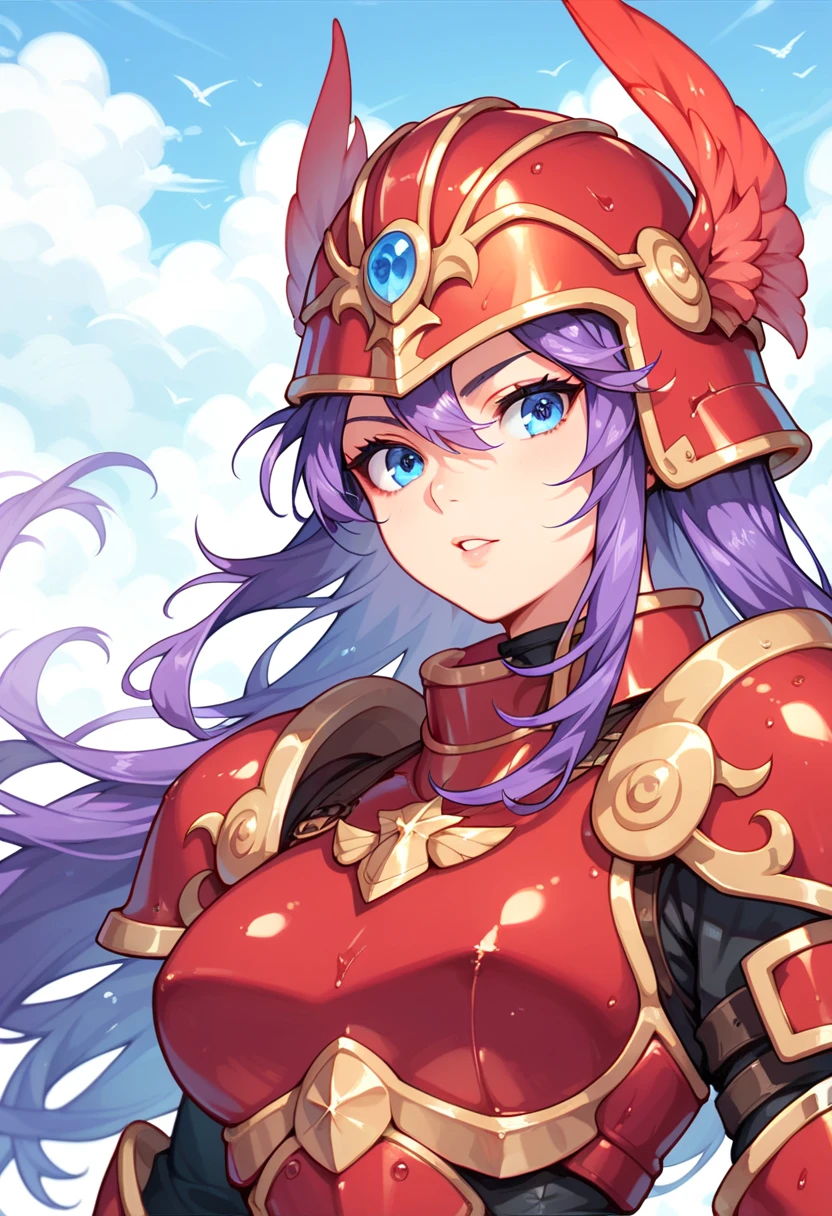 1girl, solo, soldier \(dq3\, purple hair, long hair, blue eyes, red armor, helmet