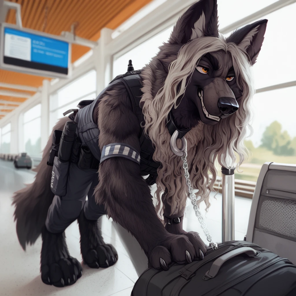  very extra long haired, anthropomorphic, adult, furry, wolf, wearing a heavy police vest,panting, transit station,anthro, black tactical uniform, chain collar, adult furry wolf, wavy hair, long slender snout, sniffing luggage, furry wolf sniffling the luggage with it's nose