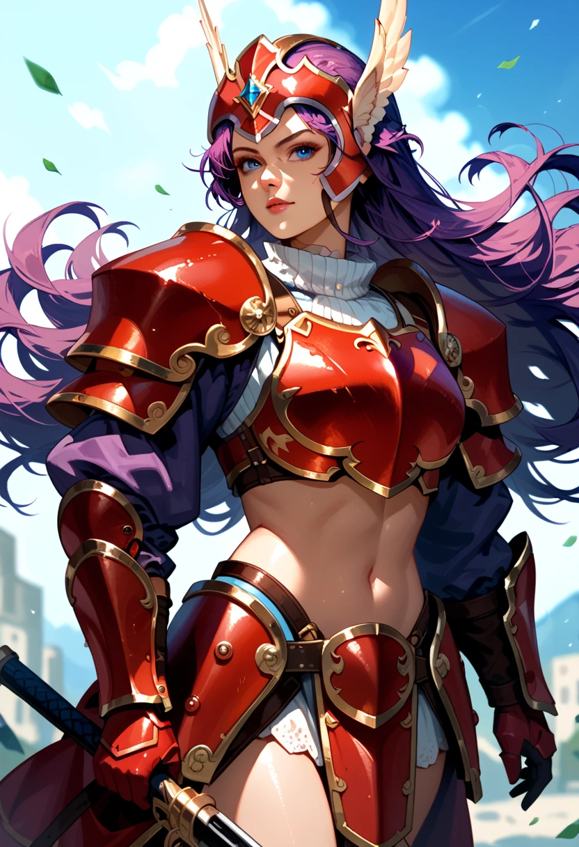 1girl, solo, soldier \(dq3\, purple hair, long hair, blue eyes, red armor, helmet