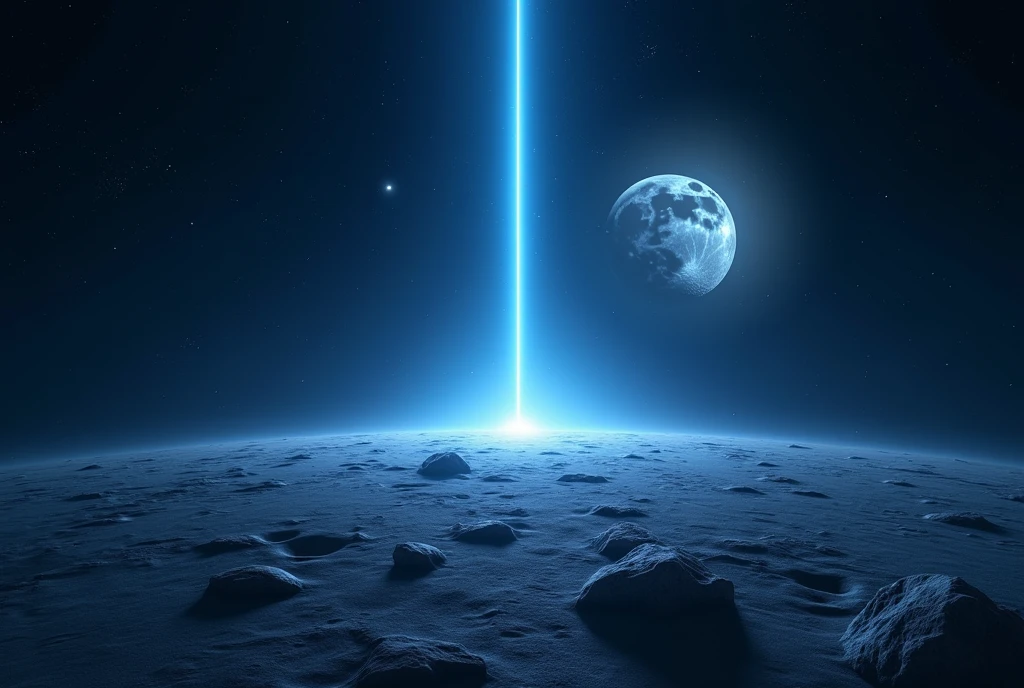 ((masterpiece, highest quality, Highest image quality, High resolution, photorealistic, Raw photo, Extremely detailed CG unified 8k wallpaper)), The blue light of a laser extends from a solar power facility on the moon toward the earth,
