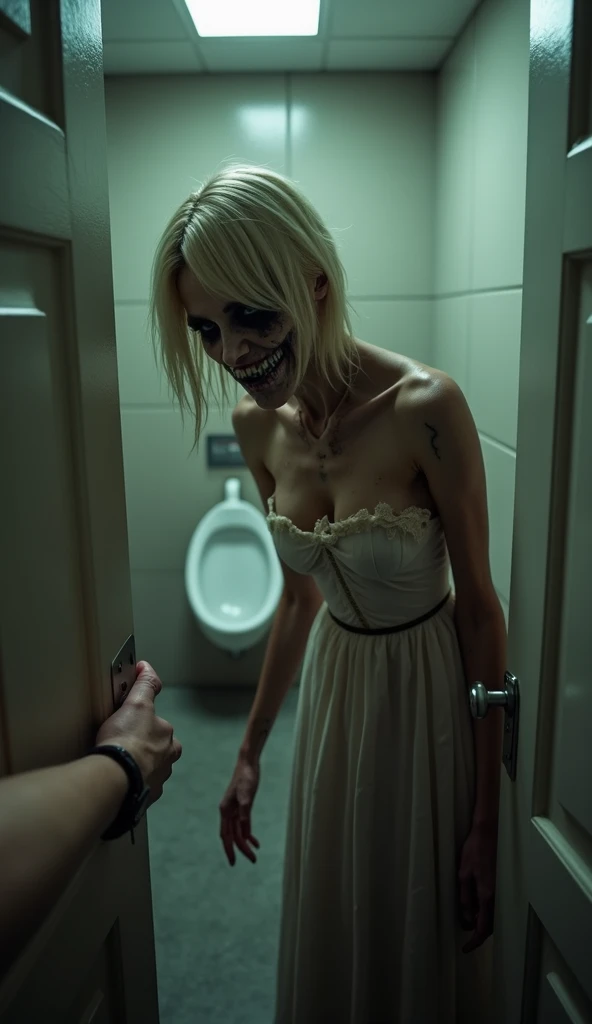 The bathroom was littered with bloody teeth,The metal shower head has hideous tooth marks on it
