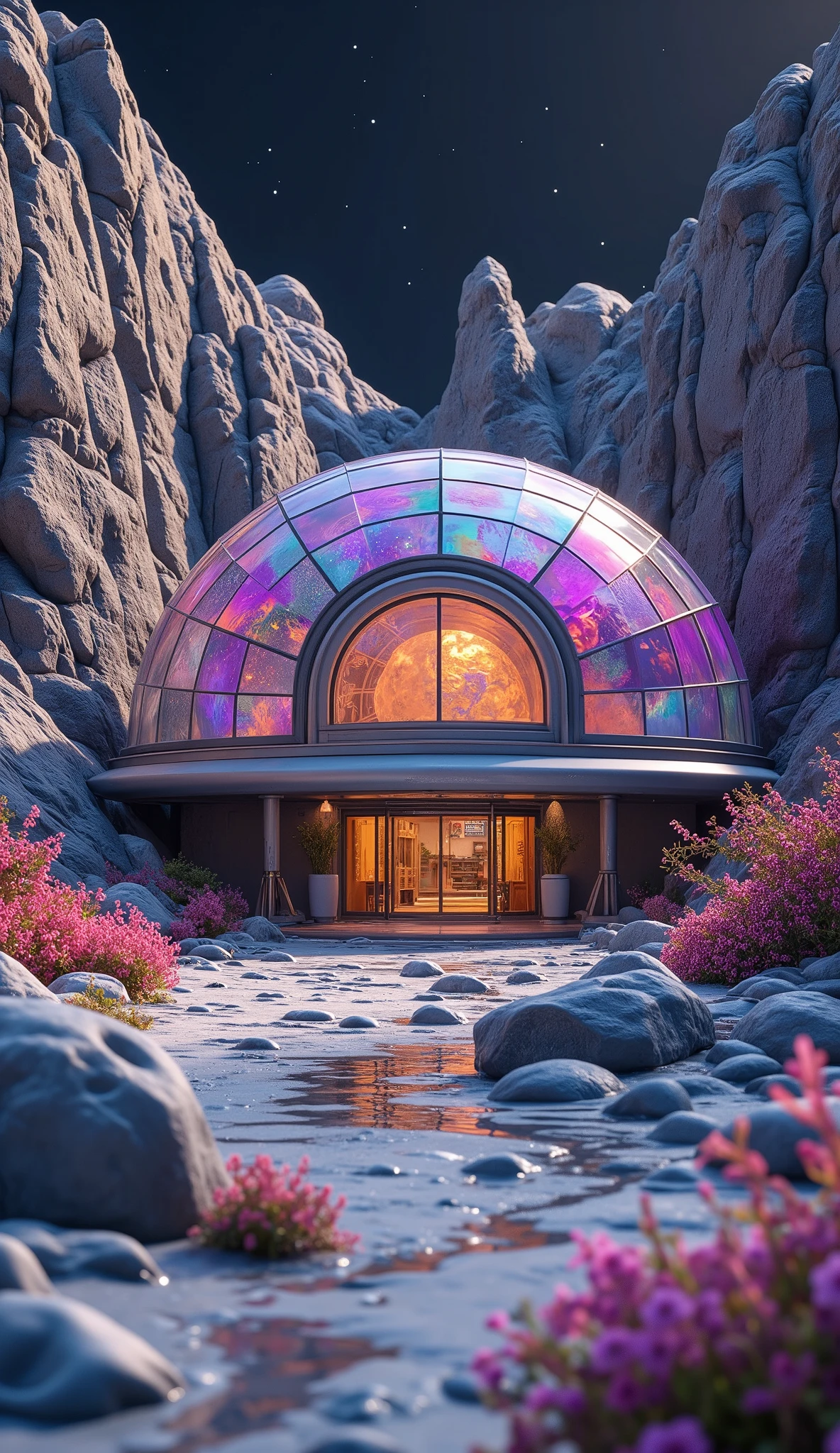 (masterpiece:1.2, best quality, ultra high resolution, Very detailed, best illustrations),8k,wallpaper,Moon base,(月面クレーターの中に建てられたMoon base:2.0),( A dome-shaped translucent barrier that looks like stained glass is connected together covers the crater:2.0),( Isometric 3D Illustration :2.0), STYLISH,( Rainbow Colors :2.0),( vibrant colors:2.0)