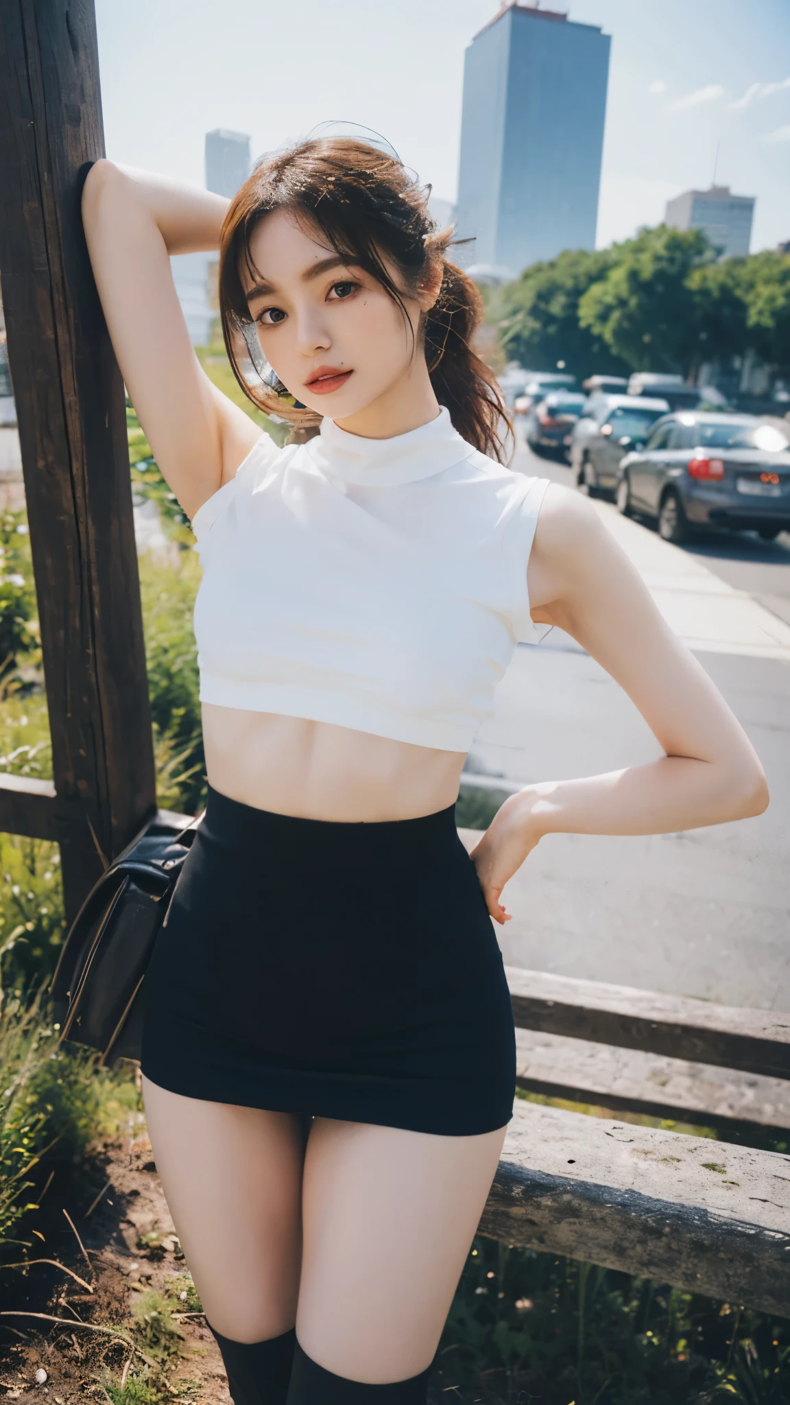 (small breasts:1.05),
(white tight crop shirt:1.1),
(black tight Mini skirt:1.1),
(covered nipples:1.05),
(puffy nipples:1.05),
(black thigh-high socks:1.05),
(black short boots:1.05),
outdoor,
master piece,
best quality,
photorealistic