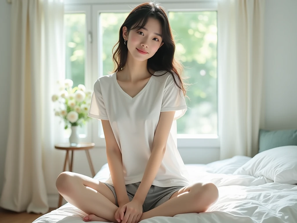 With a round face、Parallel eyebrows。Eyes are crisp and half-moon shaped、The area around her mouth resembles Mana Ashida.、the jaw is strong。between left eye and nose、A small mole next to the nose、There are sparrow spots around the base of the nose。A smiling naked 23-year-old woman is sitting on a cushion in an inn room.。Her bust is a D cup with a firm bowl shape.。The nipples are firm and firm,、Areolas are brown and not very large。Her hair is light brown and long,、My bangs hang down with a gap about half way to the left of my forehead.、My hair is thin and doesn't have much volume.。He is about 150 cm tall。My upper arms and thighs have a good amount of flesh, and my butt is also a little big.。The waist is tucked away、The position is high。