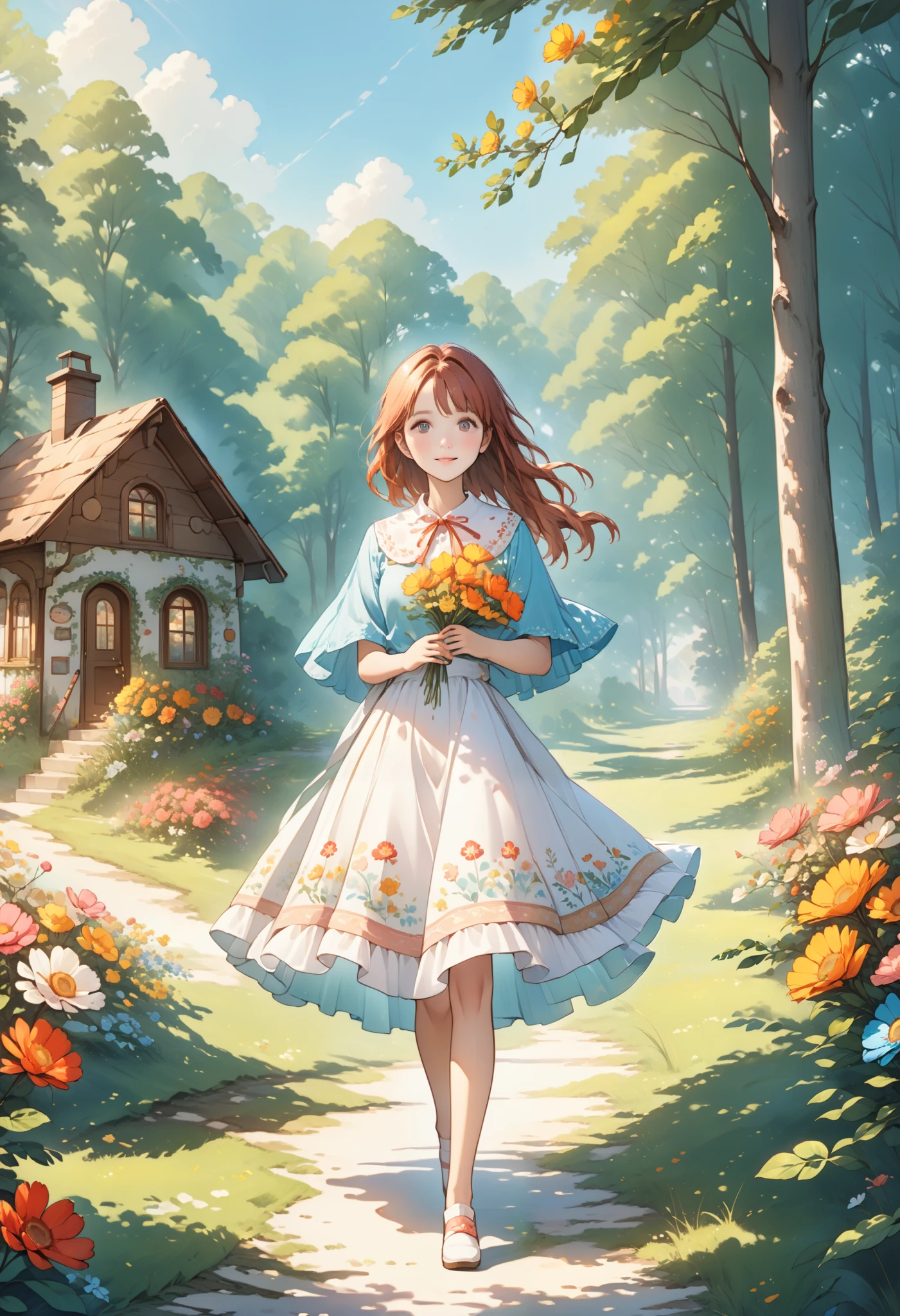 Hzk, girl, white skirt , Darling,  ulybka,  flowers in hand , is walking,  background Sweet house , Forest edge ,  sunlight , Darling атмосфера, beautiful colors, rich colors , bright colors,  lots of details, masterpiece, 8 k,  best quality , 