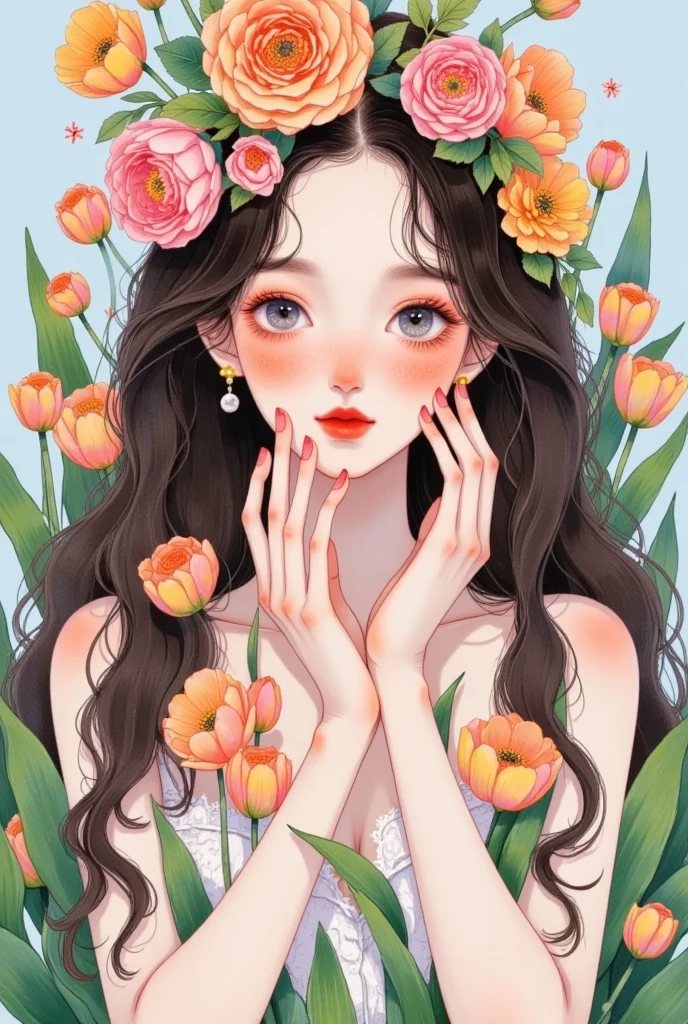   Illustration of a Woman Wearing a Flower Crown,  Soft Anime Illustration , Beautiful sunflower anime girl,   Art Creation Trends  , author：ayami kojima,  Girl with a Wreath ,  She Wears a Flower Crown  , Aesthetic Portrait , Lovely art style,  Girl with Painted Face  ,  Flowers around , Girl among the flowers, Flower Empress