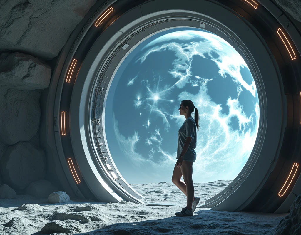 Realistic, theme is "Moon Base", a large lunar base dome built inside a large crater on the moon, a beautiful woman looking out through a large round window from inside the dome, no spacesuit is needed inside the dome as it is air-conditioned and she is wearing comfortable sportswear, the earth is reflected in her beautiful eyes, a close-up of the image of the earth reflected on the surface of the woman's eye, sophisticated design, advanced lighting technology, real-life photo 8K quality