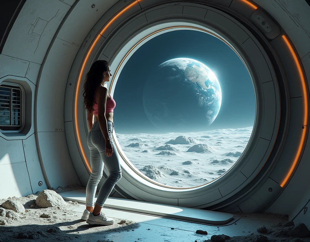 Realistic, theme is "Moon Base", a large lunar base dome built inside a large crater on the moon, a beautiful woman looking out through a large round window from inside the dome, no spacesuit is needed inside the dome as it is air-conditioned and she is wearing comfortable sportswear, the earth is reflected in her beautiful eyes, a close-up of the image of the earth reflected on the surface of the woman's eye, sophisticated design, advanced lighting technology, real-life photo 8K quality