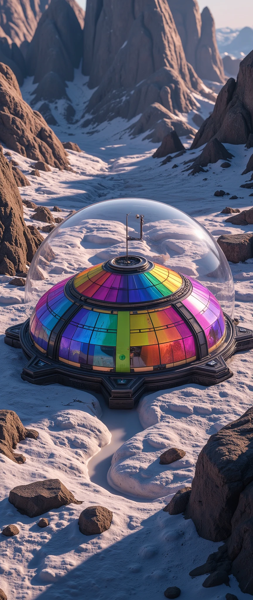 (masterpiece:1.2, best quality, ultra high resolution, Very detailed, best illustrations),8k,wallpaper,Moon base,(月面クレーターの中に建てられたMoon base:2.0),( A dome-shaped translucent barrier that looks like stained glass is connected together covers the crater:2.0),( Isometric 3D Illustration :2.0), STYLISH,( Rainbow Colors :2.0),( vibrant colors:2.0)