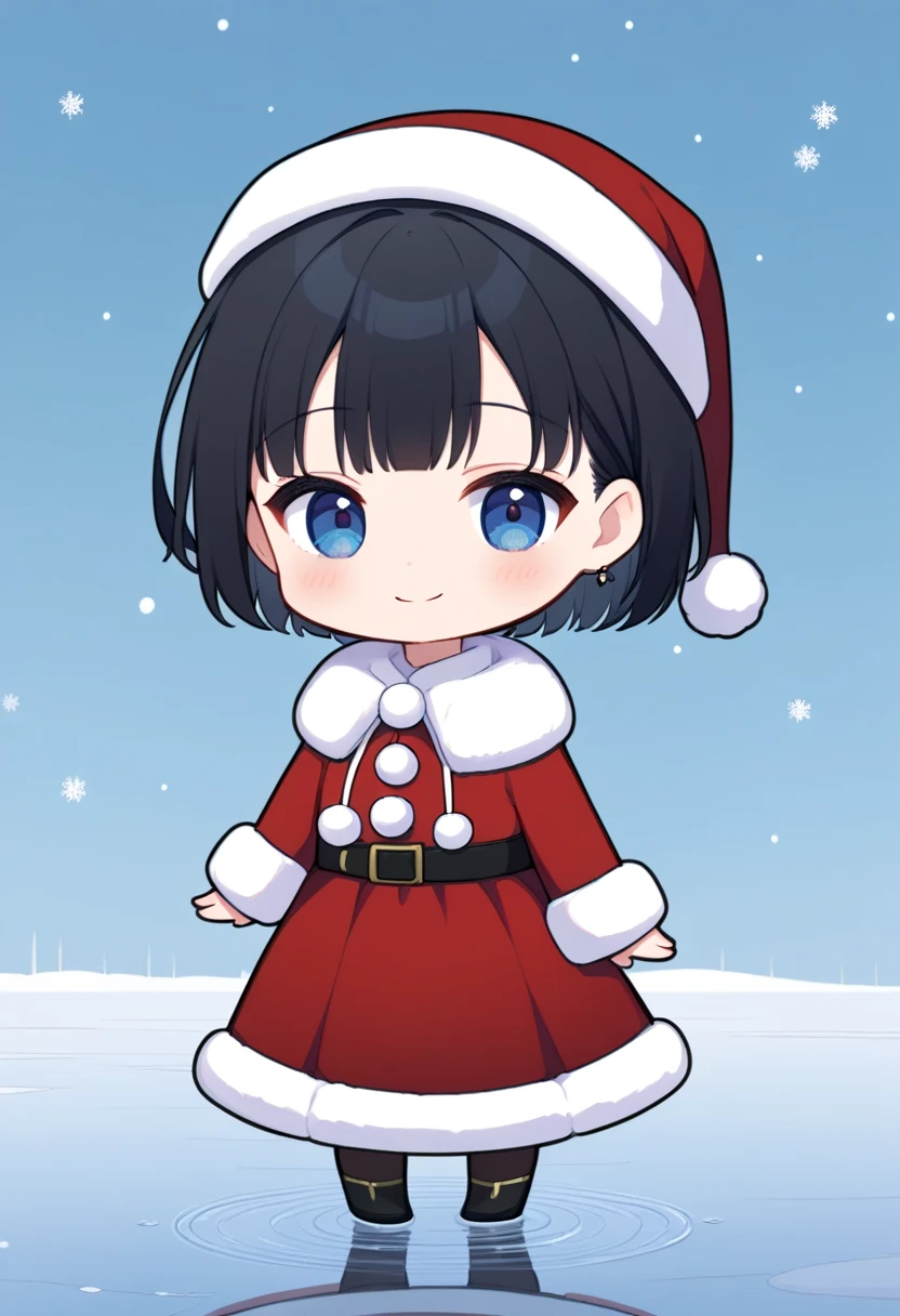 1girl, solo, chibi head, black hair, christmas outfit, winter, frozen lake, smile