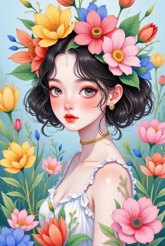   Illustration of a Woman Wearing a Flower Crown,  Soft Anime Illustration , Beautiful sunflower anime girl,   Art Creation Trends  , author：ayami kojima,  Girl with a Wreath ,  She Wears a Flower Crown  , Aesthetic Portrait , Lovely art style,  Girl with Painted Face  ,  Flowers around , Girl among the flowers, Flower Empress