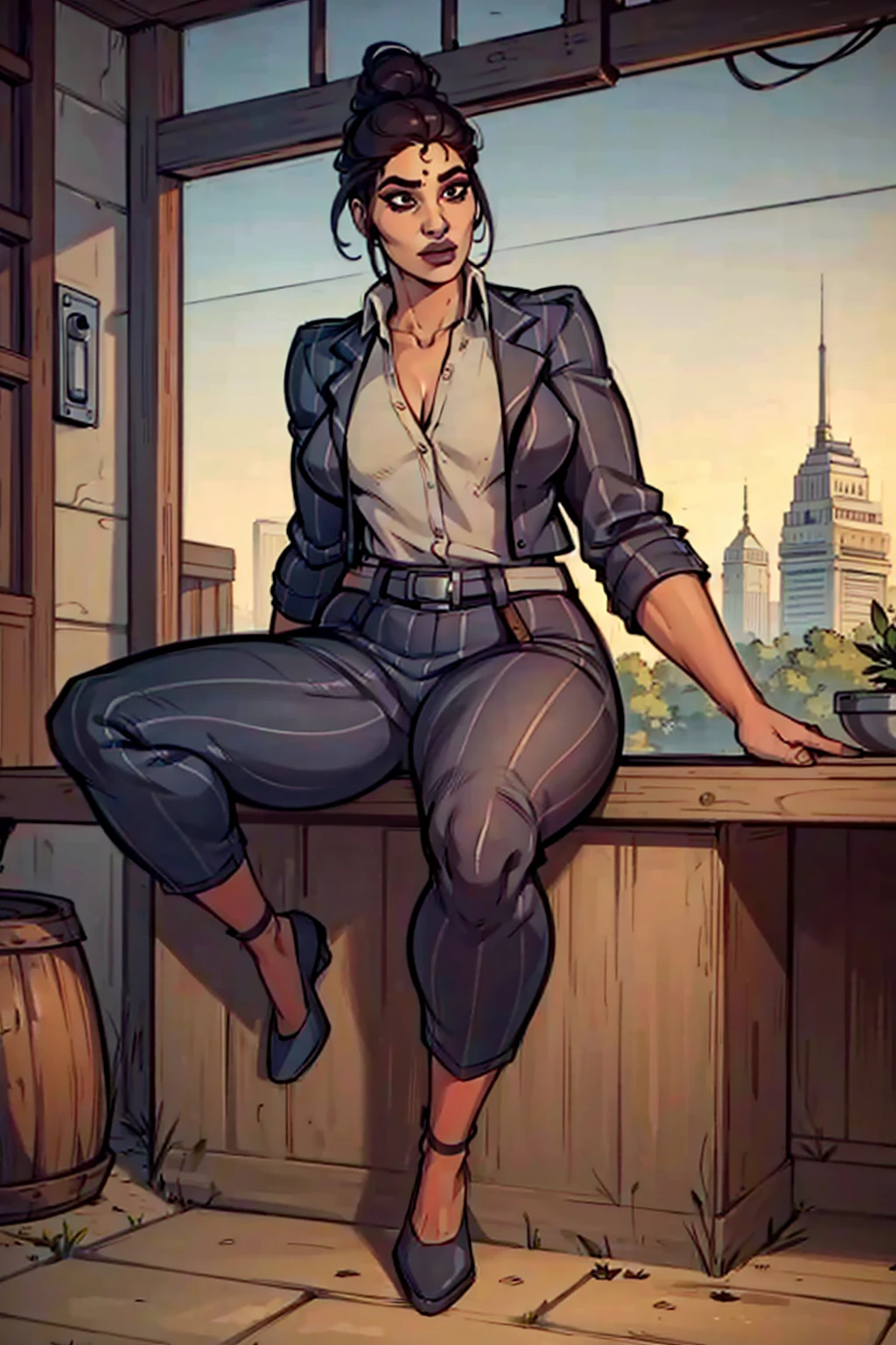 Digital art, highly detailed, angled view, sexy sitting pose, mature woman, adult female, full curvy figure, whole body, form-fitting, Jane Romero (Dead by Daylight) inspired costume, pinstriped blazer, blouse, belt, pinstriped baggy pants that ends above the ankle, belt, flat office shoes, 1woman, solo, upper body, lower body, ((Extremely Detailed)), ((Best Quality)), ((Masterpiece)), ((4k)).
