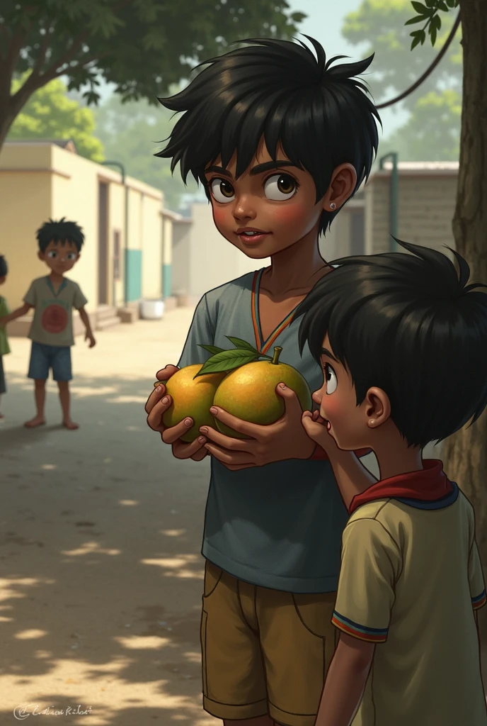 two little Indian boys eating palm fruit in an rural indian village.