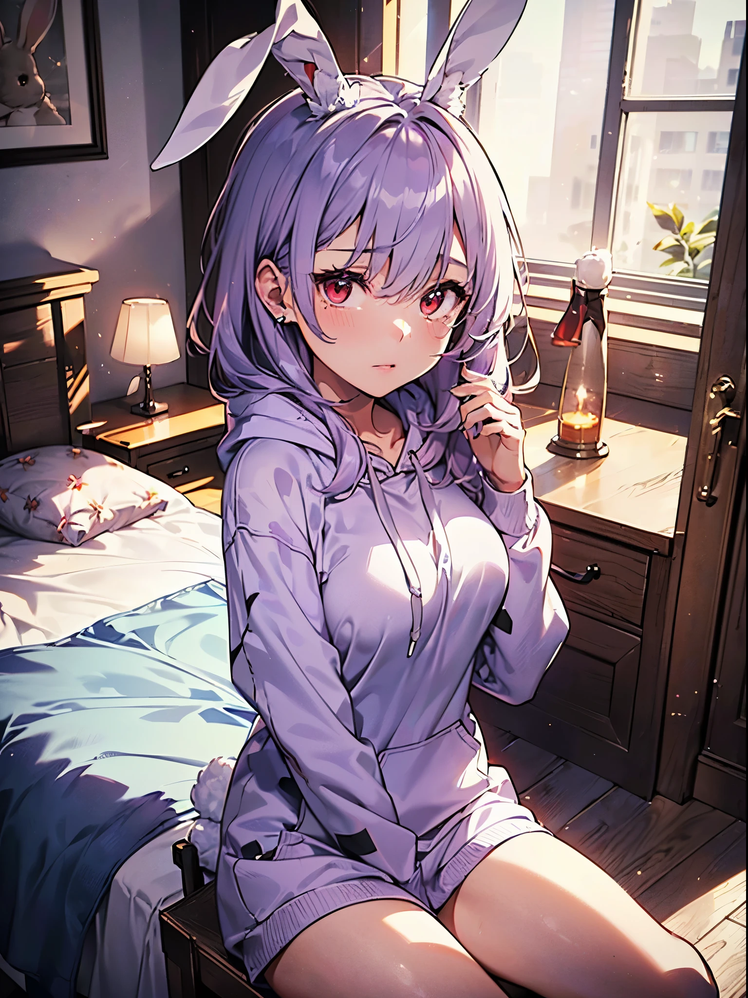 Realistic,highest quality, Ultra Detail, High-quality CG rendering, The most delicate and beautiful, Floating softly, High resolution, (1 girl), (Highest quality,4K,8K,masterpiece:1.2), Light purple hair,Rabbit,Bunny ears,(Long Hair:1.2),Red eyes,(White oversized hoodie:1.3),Inside the room,bed,(bedで横たわる:1.4),Falling,(Prone:1.5)