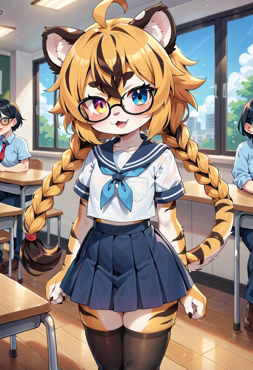 masterpiece, high resolution, best quality, (furry tiger girl, baby body, baby height, flat chest, animal face, animal skin, animal fur, tiger ears, tiger tail), heterochromia, multicolored hair, twin braids, piercing, makeup, tattoo, drinks milk in the school cafeteria, school uniform, skirt, stockings, glasses, public