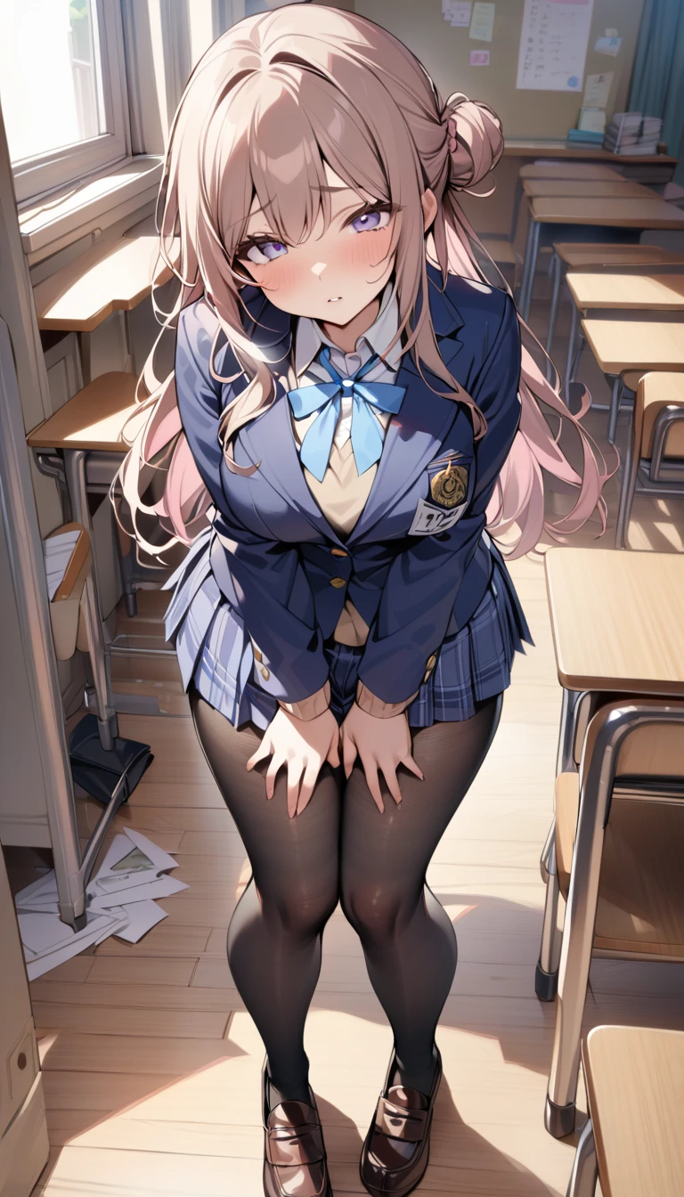 1 woman, skirts, (show off g-string detailed pantie), (hands skirt lift), from front, cowboy shot, BREAK annoyed,shoot from below,Glasses,library,uniform