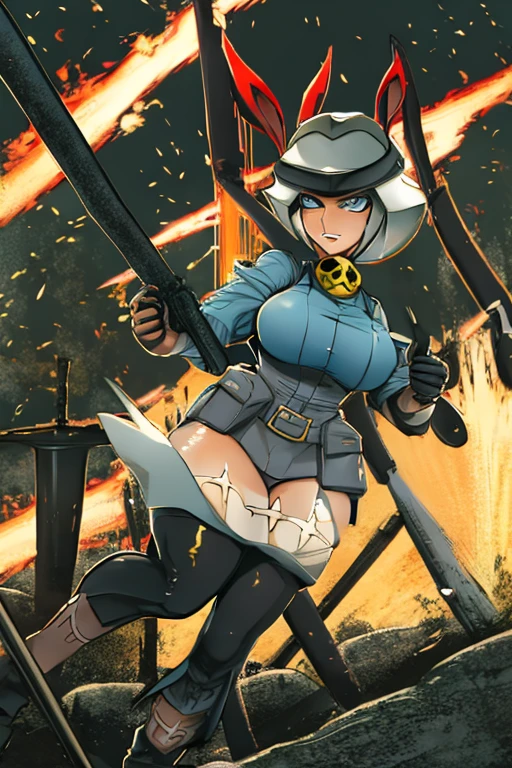 MS Fortune in WW1 PyroManiac uniform holding a FlameThrower gun raiding the trenches