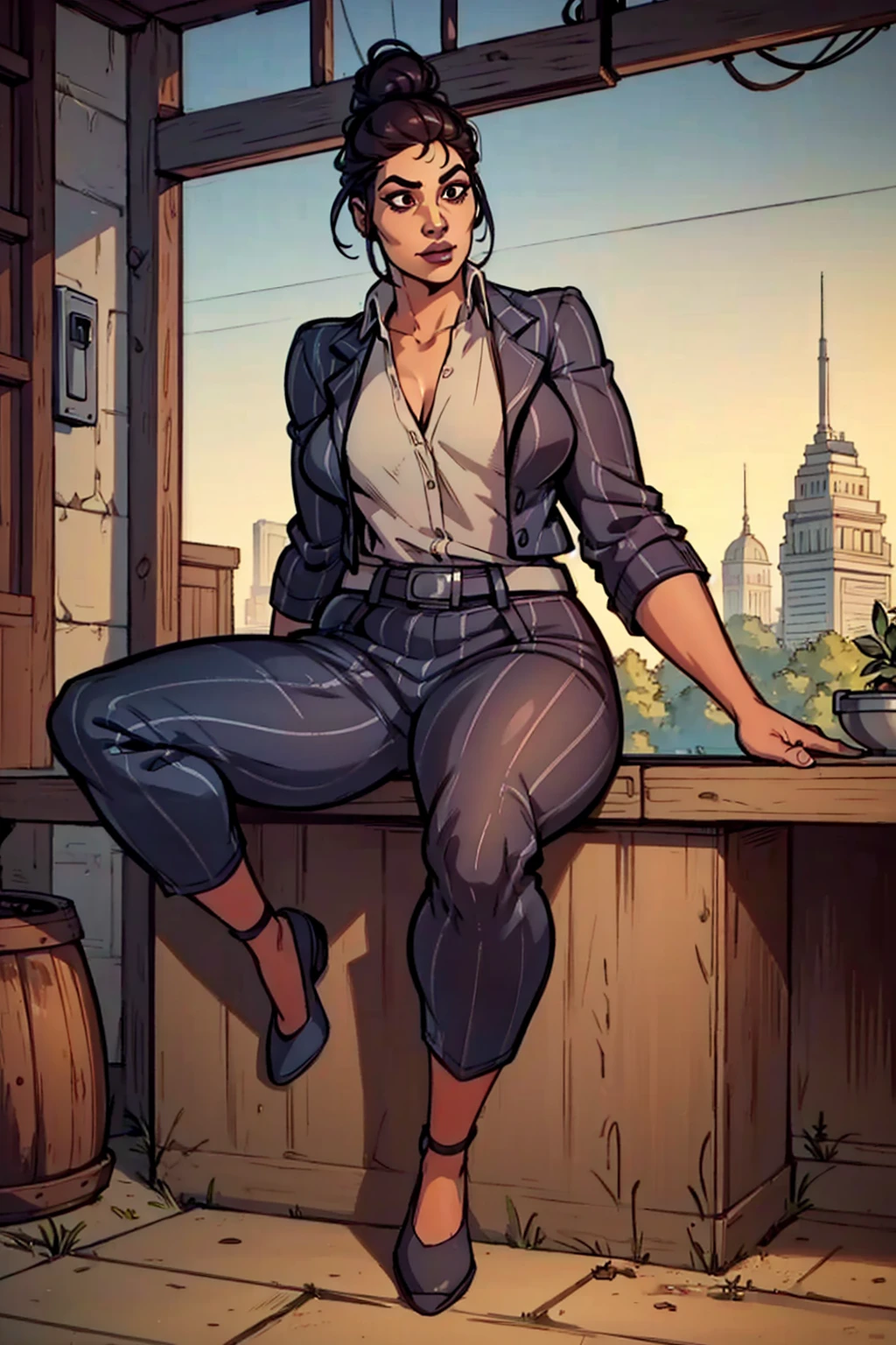 Digital art, highly detailed, angled view, sexy sitting pose, mature woman, adult female, full curvy figure, whole body, form-fitting, Jane Romero (Dead by Daylight) inspired costume, pinstriped blazer, blouse, belt, pinstriped baggy pants that ends above the ankle, belt, flat office shoes, 1woman, solo, upper body, lower body, ((Extremely Detailed)), ((Best Quality)), ((Masterpiece)), ((4k)).
