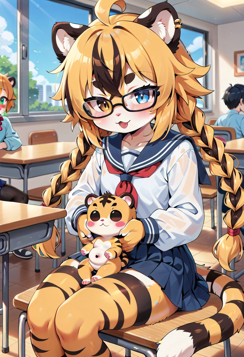 masterpiece, high resolution, best quality, (furry tiger girl, baby body, baby height, flat chest, animal face, animal skin, animal fur, tiger ears, tiger tail), heterochromia, multicolored hair, twin braids, piercing, makeup, tattoo, sitting in the school cafeteria, drinking milk, school uniform, skirt, stockings, glasses, public