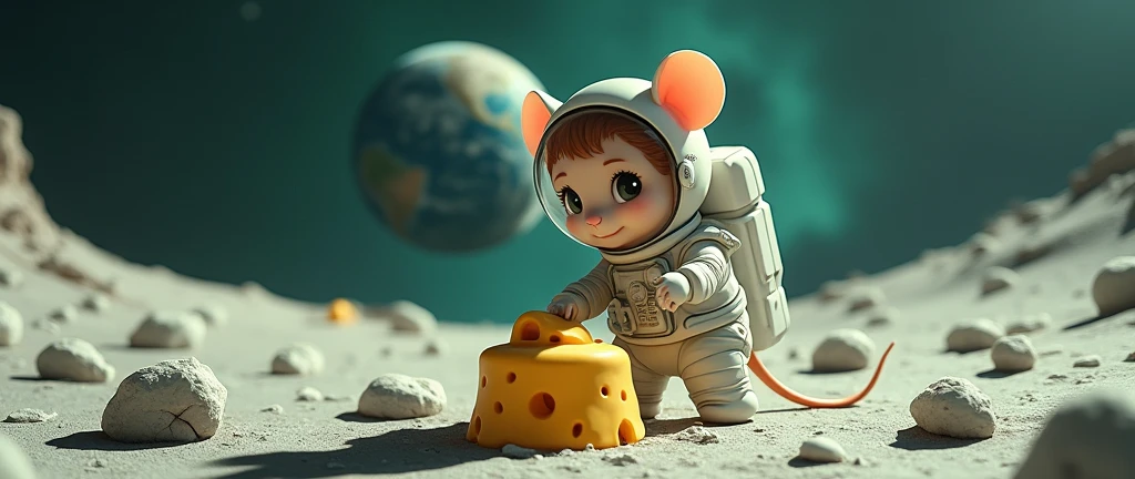 a cute female mouse astronaut, 30 years old, wearing a sexy space suit, bubble helmet, mining the moon for green moon cheese, 1950s rocket ship nearby at moon base, extremely detailed, hyper-realistic, 8k, photorealistic, masterpiece, cinematic lighting, vibrant colors, intricate details, view is from a low angle and at a distance, be sure to show the moon base and the waiting rocket
