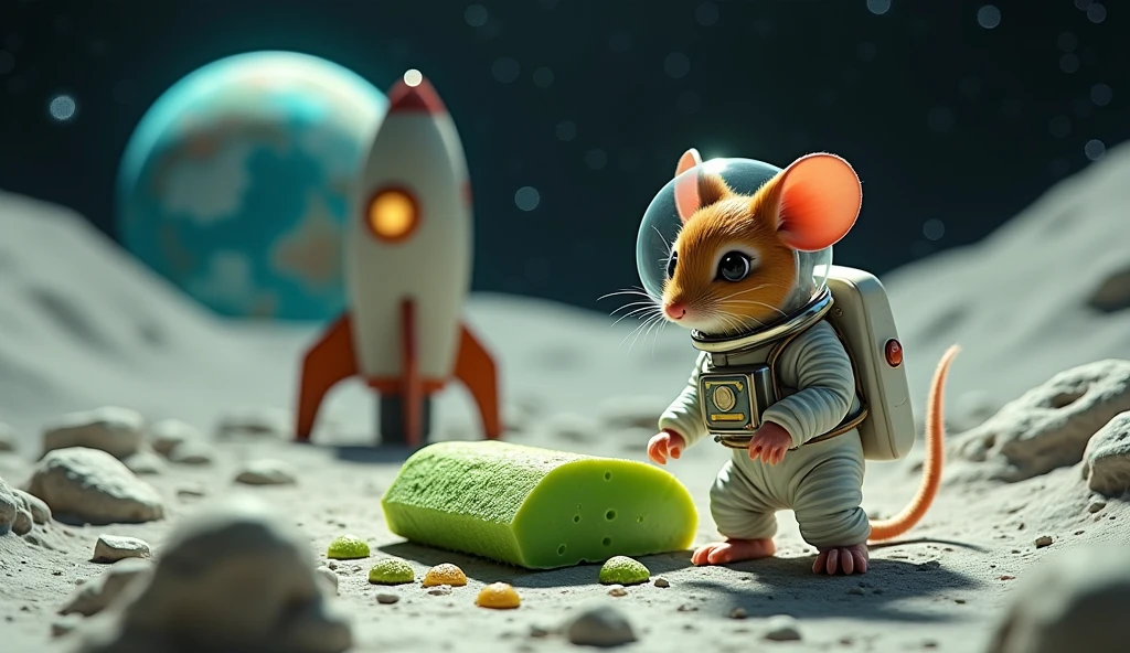 a cute female mouse astronaut, 30 years old, wearing a sexy space suit, bubble helmet, mining the moon for green moon cheese, 1950s rocket ship nearby at moon base, extremely detailed, hyper-realistic, 8k, photorealistic, masterpiece, cinematic lighting, vibrant colors, intricate details, view is from a low angle and at a distance, be sure to show the moon base and the waiting rocket
