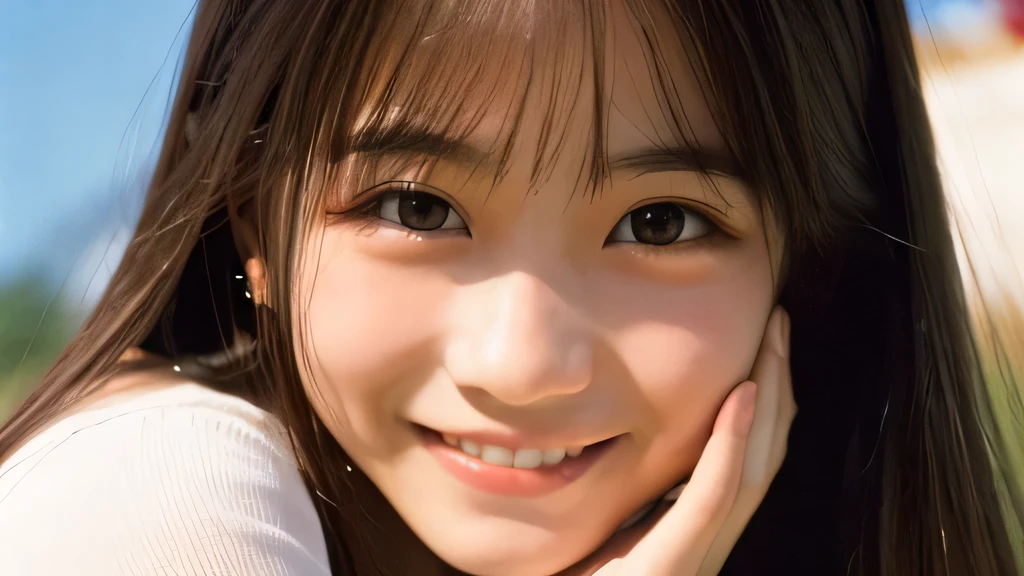 Ultra-high resolution,big eyes,((brown eyes)),Japanese,(forehead),(a girl),(1 girl),(()),(cute),pretty,((facing at viewer)),arms behind back,grin