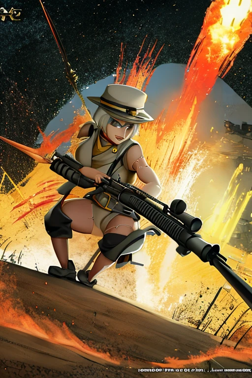 MS Fortune in WW1 PyroManiac uniform holding a FlameThrower gun raiding the trenches