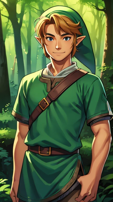 (1boy, link), (extremely detailed CG unit 8k wallpaper),(master part), (best quality), (ultra detail), (best illustration),(comic lo takamichi style), cowboy shot, standing, facing viewer, looking at viewer, perfect face, perfect eyes, perfect fingers, perfect hands, (Sharp eyeliner, ombre, detailed eyes:1), (digital art), forest, outdoor background, break , upper body, solo, smile,the legend of zelda, tunic, hat, standing 