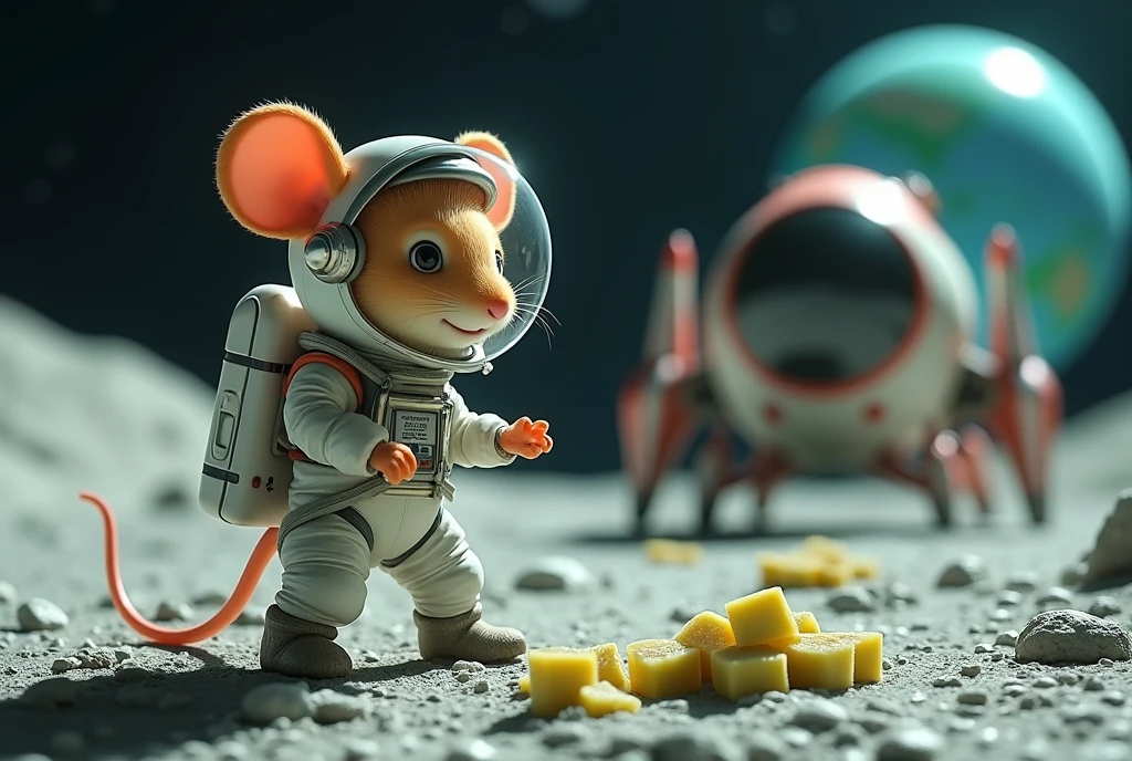 a cute female mouse astronaut, 30 years old, wearing a sexy space suit, bubble helmet, mining the moon for green moon cheese, 1950s rocket ship nearby at moon base, extremely detailed, hyper-realistic, 8k, photorealistic, masterpiece, cinematic lighting, vibrant colors, intricate details, view is from a low angle and at a distance, be sure to show the moon base and the waiting rocket
