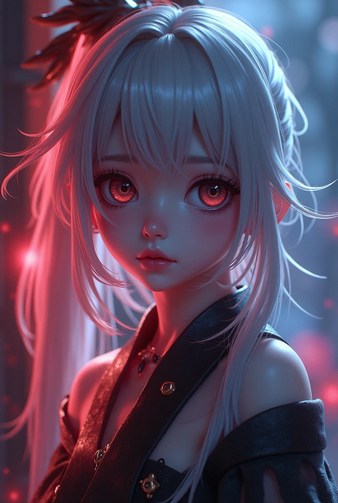 Chica
White hair with red streaks
Red eyes
Red sailor hat with a skull in the front center
White shirt with black vest