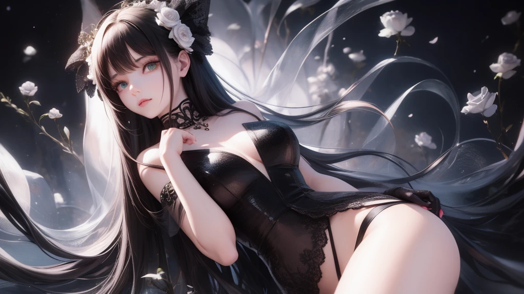 (quality)), ((masterpiece)), Recommended results、Puffy nipples、(see through:1.5)、straighten your back、abdominal muscles、huge bust、angle to floor:1.2、low camera angle、Hair loss on crotch，Hatsune Miku，main part, 更好的quality, 1 girl, whole body alone, (natural skin texture, Realistic eyes and facial details:1. 5), (dark:1. 4), deep shadow, Very detailed and beautiful girl, Detailed eyes and face, sharp sharp eyes, red lipstick, No black eyeliner, red clothes, ponytail, black hair, Nikon D850 film, surreal, Real life texture, dramatic, light, Unreal Engine, (facial clarity:1. 5), (transparent clothes:1. 1) Medieval princess style, white lace