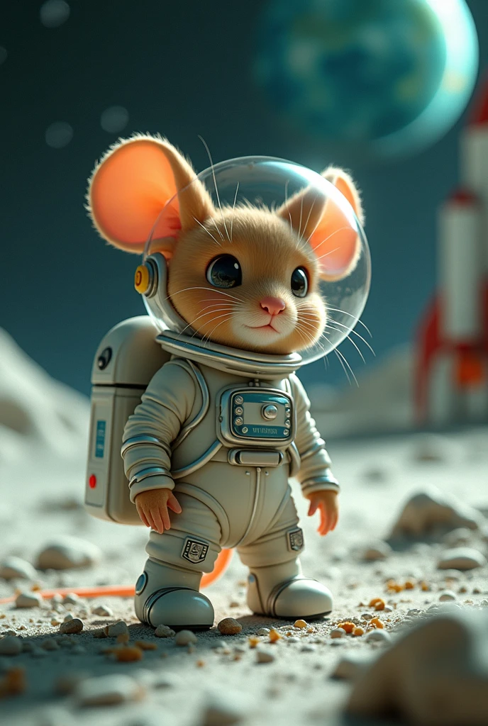 a cute female mouse astronaut, 30 years old, wearing a sexy space suit, bubble helmet, mining the moon for green moon cheese, 1950s rocket ship nearby at moon base, extremely detailed, hyper-realistic, 8k, photorealistic, masterpiece, cinematic lighting, vibrant colors, intricate details, view is from a low angle and at a distance, be sure to show the moon base and the waiting rocket
