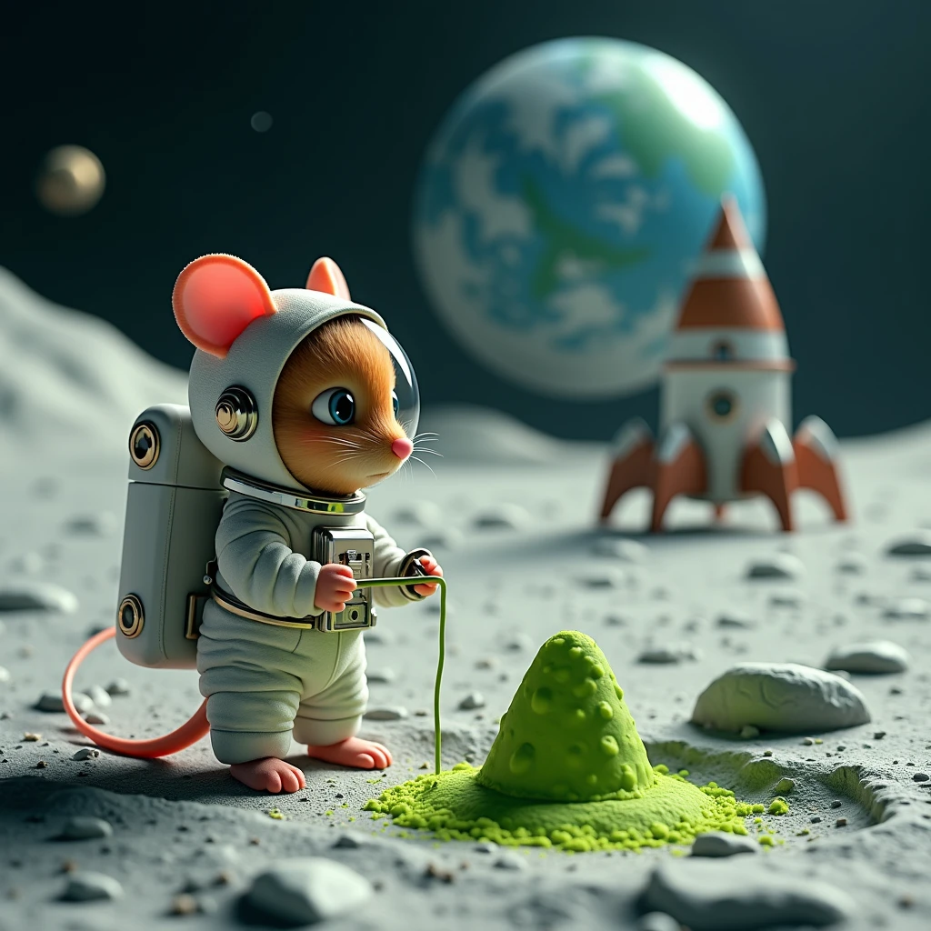 a cute female mouse astronaut, 30 years old, wearing a sexy space suit, bubble helmet, mining the moon for green moon cheese, 1950s rocket ship nearby at moon base, extremely detailed, hyper-realistic, 8k, photorealistic, masterpiece, cinematic lighting, vibrant colors, intricate details, view is from a low angle and at a distance, be sure to show the moon base and the waiting rocket
