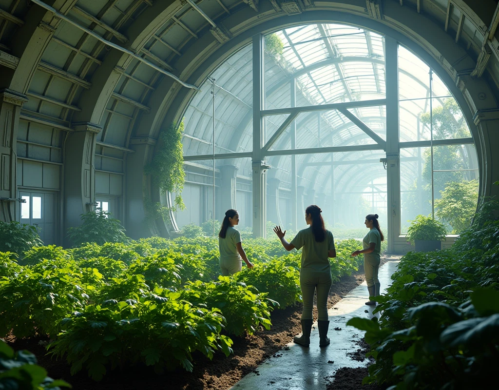 Realistic, the theme is "Moon Base", a large dome of the lunar base built inside a large crater on the moon, a large vegetable growing area inside the dome with several female members working there, beautifully grown vegetables and women chatting happily next to them, sophisticated design, advanced lighting technology, real-life 8K quality photos