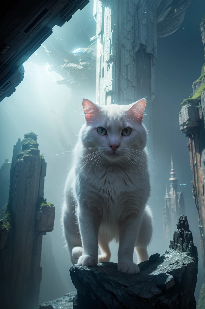 A white cat in a parallel universe, hyper detailed, cinematic, dramatic lighting, intricate sci-fi environment, neon lights, floating islands, alien architecture, glowing crystals, volumetric fog, futuristic, highly detailed, photorealistic, 8k, masterpiece, award winning, cinematic composition, dramatic angles, mood lighting, epic scale, sense of wonder, awe-inspiring
