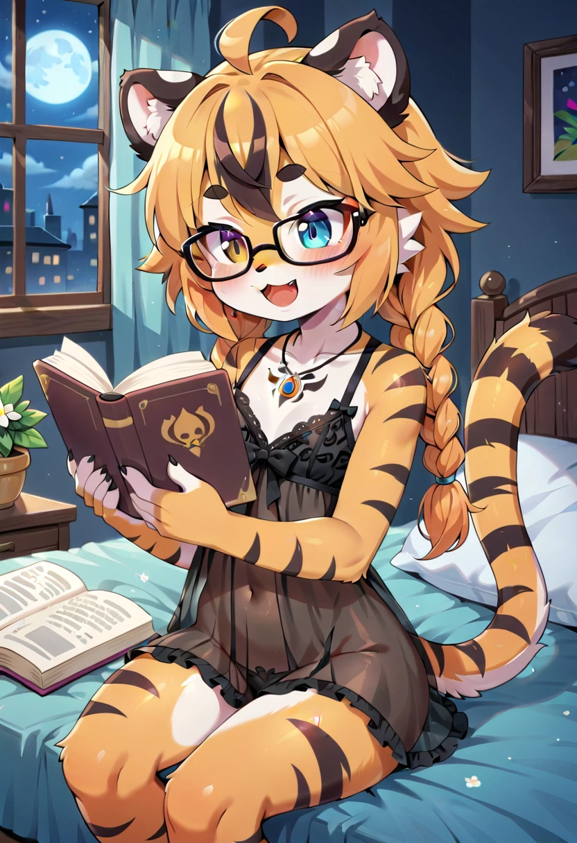 masterpiece, high resolution, best quality, (furry tiger girl, baby body, baby height, flat chest, animal face, animal skin, animal fur, tiger ears, tiger tail)  sitting on bed, reading a book, glasses, nightgown, happy, multicolored hair, twin braids, piercing, makeup, tattoo, heterochromia, night, room