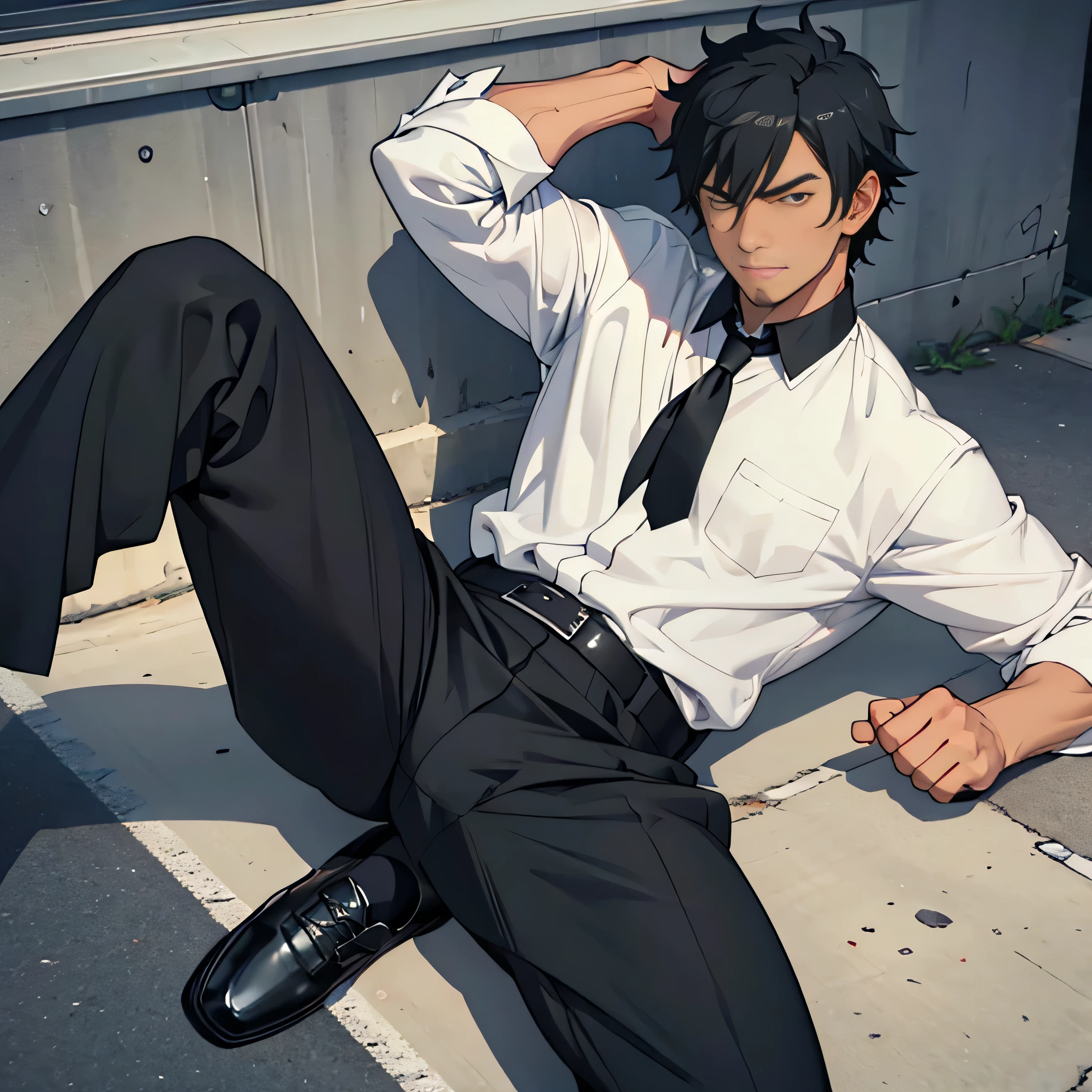 20 years old,,Simple white shirt、black tie,  black slim pants 、 lying on the ground  ,Spread your legs wider,black belt,Black socks,Black leather shoes,logic, Gay , black hair, Shorthair, thick eyebrows,Stubble, Lightly Set Your Hair with Wax , Hachiman Hachiman,Masculine,salaryman,Mob characters,Bad Actor , The crotch part of the pants is bulging, Erotic 3D Finish , 　View from above　　 face up 