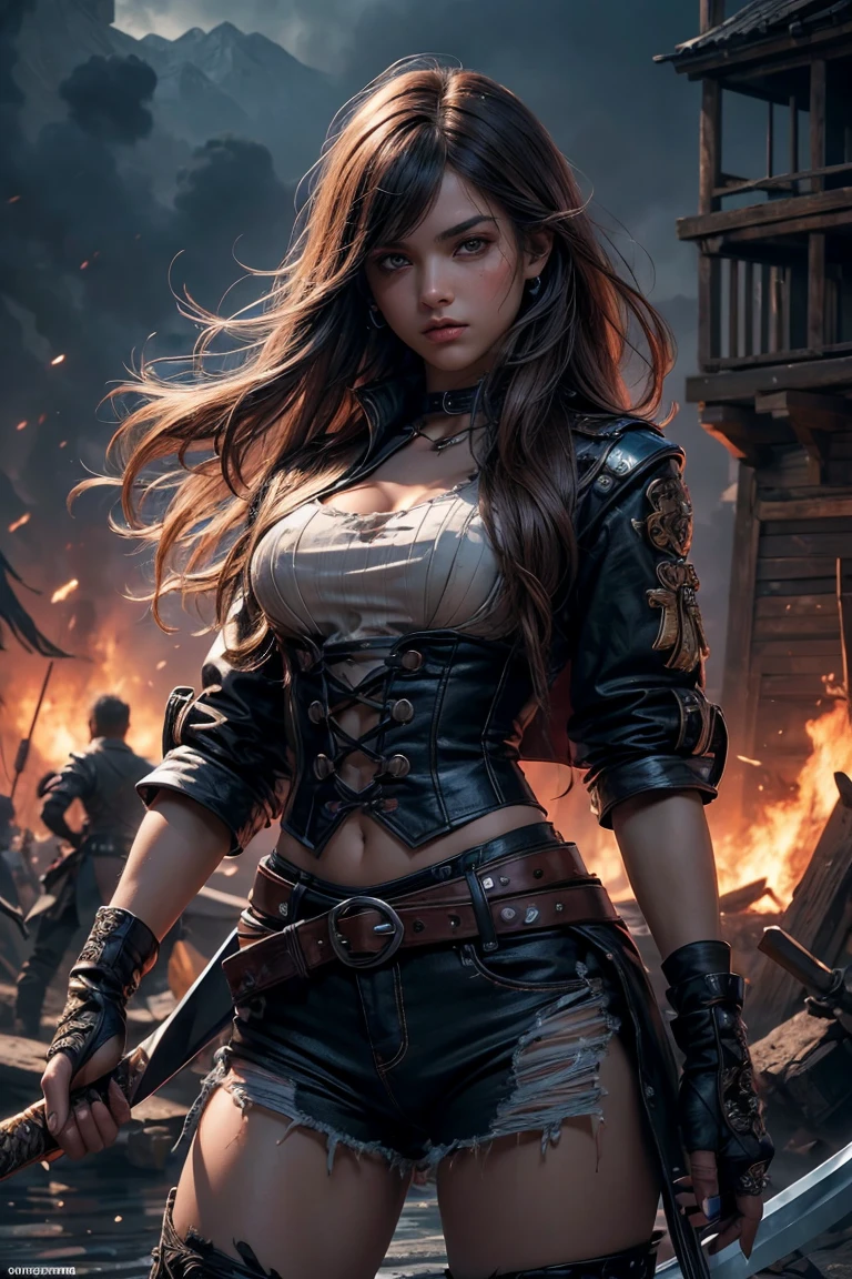 (Ultra quality:1.2), (Ultra detailed:1.2), (Ultra detailed clothes:1.2), (Ultra detailed face:1.2), (Ultra detailed eyes:1.2), (Ultra detailed body:1.2), (Ultra detailed weapons:1.2), young pirate girls, torn clothes, different hair colors, sword fights, battlefield in the background, fire in the background, night