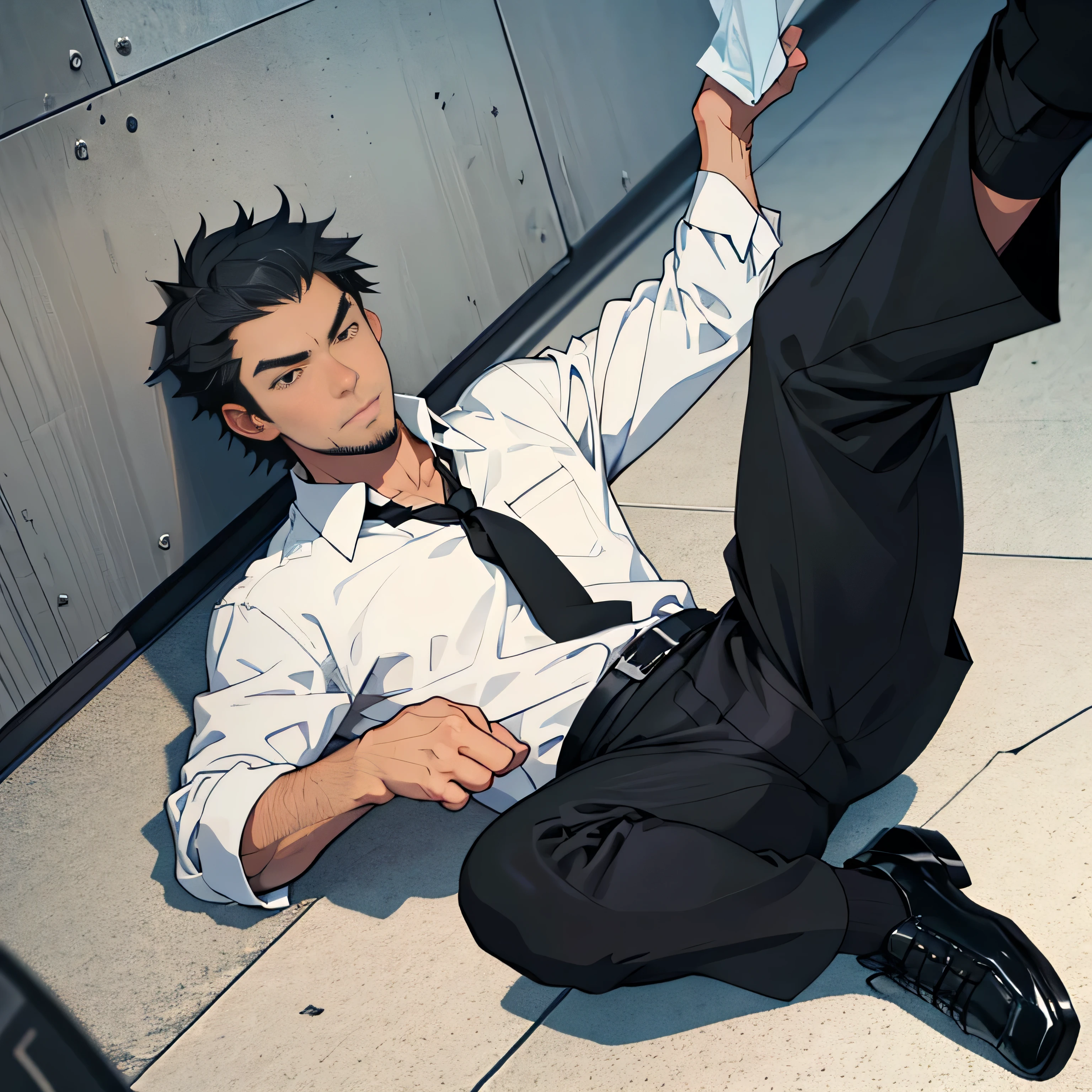 20 years old,,Simple white shirt、black tie,  black slim pants 、 lying on the ground  ,Spread your legs wider,black belt,Black socks,Black leather shoes,logic, Gay , black hair, Shorthair, thick eyebrows,Stubble, Lightly Set Your Hair with Wax , Hachiman Hachiman,Masculine,salaryman,Mob characters,Bad Actor , The crotch part of the pants is bulging, Erotic 3D Finish , 　View from above　　 face up 